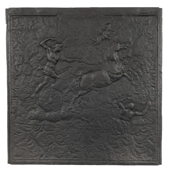 Cast iron fireback decorated with a chariot of Apollo-0