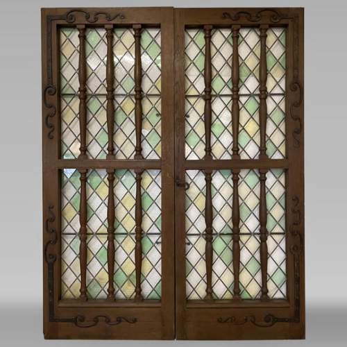 Double door in oak and stained glass, 20th century