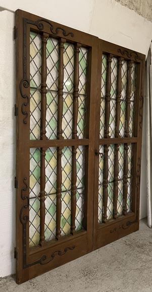 Double door in oak and stained glass, 20th century-1