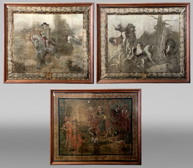 After René Princeteau (1843-1914), signed G. A. Loron, set of three hunting scenes imitating tapestry After René Princeteau (1843-1914), signed G. A. Loron, set of three hunting scenes imitating tapestry-0
