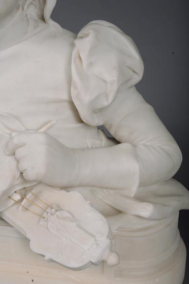 René ROZET « Young musician with a mandolin », statuary marble sculpture, late 19th century-8
