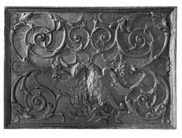 Phoenix-shaped fireplace plaque, decorated with scrolls-0