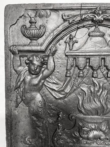 18th-century fireplace plaque with a salamander and two atlantes supporting an entablature with fire vases 18th-century fireplace plaque with a salamander and two atlantes supporting an entablature with fire vases-1