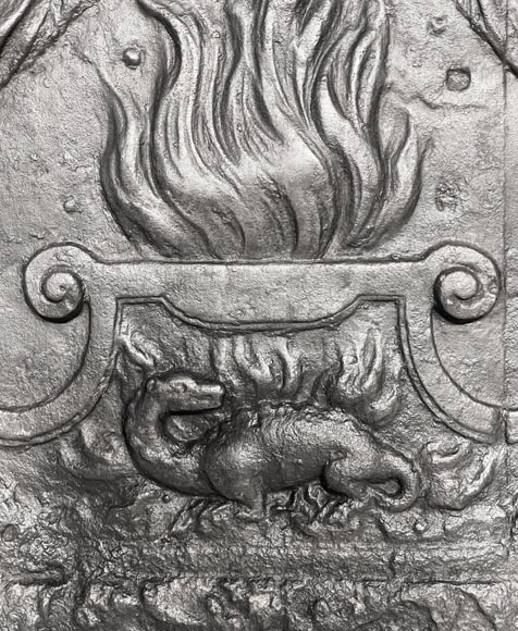 18th-century fireplace plaque with a salamander and two atlantes supporting an entablature with fire vases 18th-century fireplace plaque with a salamander and two atlantes supporting an entablature with fire vases-7