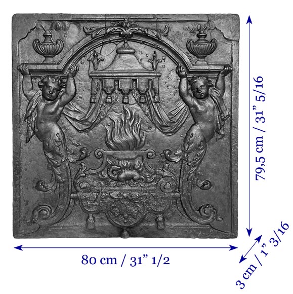 18th-century fireplace plaque with a salamander and two atlantes supporting an entablature with fire vases 18th-century fireplace plaque with a salamander and two atlantes supporting an entablature with fire vases-12