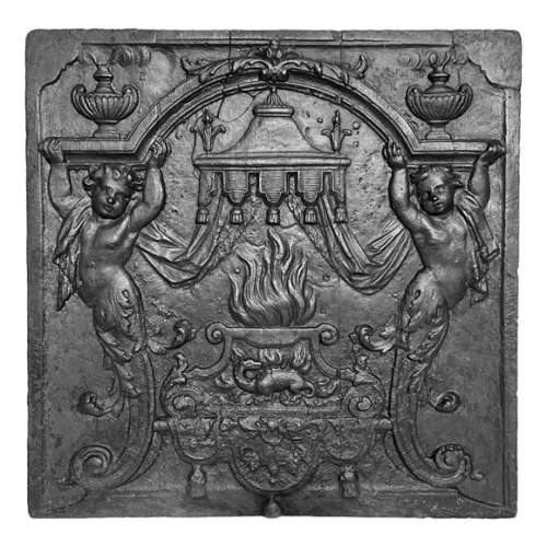 18th-century fireplace plaque with a salamander and two atlantes supporting an entablature with fire vases