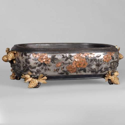 CHRISTOFLE - Exceptional planter in electroplated copper, partially copper colored, gilt, silvered and burnished on a silver background, circa 1878
