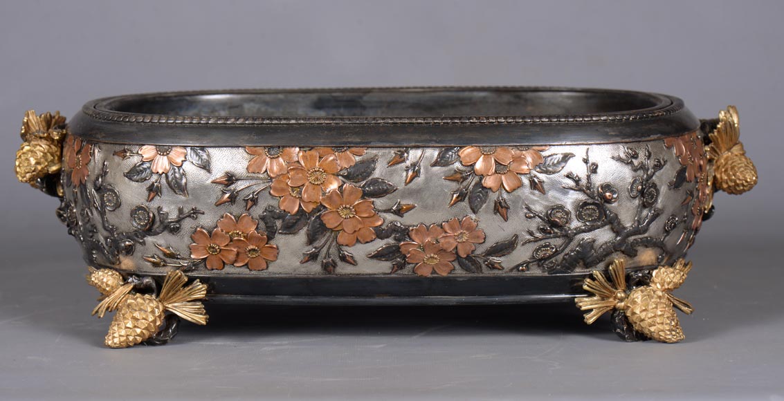 CHRISTOFLE - Exceptional planter in electroplated copper, partially copper colored, gilt, silvered and burnished on a silver background, circa 1878-4