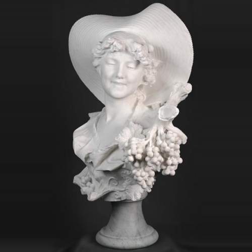 F. SAUL, Jeune fille au chapeau dans les vignes, carved bust in Carrara marble