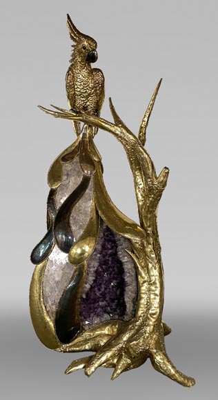 Jacques Duval-Brasseur (attributed to) Modern Parrot Lamp in Metal and Amethyst Jacques Duval-Brasseur (attributed to) Modern Parrot Lamp in Metal and Amethyst-0