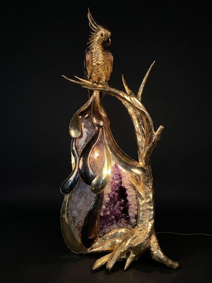 Jacques Duval-Brasseur (attributed to) Modern Parrot Lamp in Metal and Amethyst Jacques Duval-Brasseur (attributed to) Modern Parrot Lamp in Metal and Amethyst-1