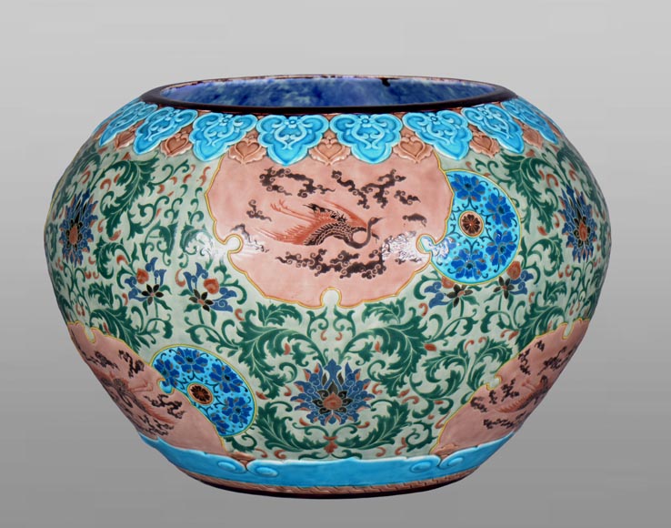 JULES VIEILLARD & COMPAGNIE, large Japanese-style cachepot in Bordeaux earthenware with polychrome enamel decoration-0
