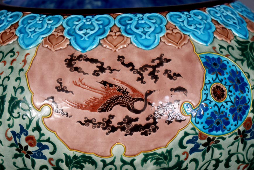 JULES VIEILLARD & COMPAGNIE, large Japanese-style cachepot in Bordeaux earthenware with polychrome enamel decoration-1