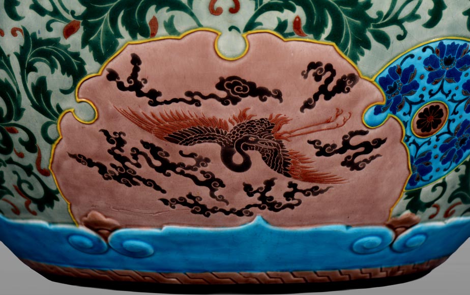 JULES VIEILLARD & COMPAGNIE, large Japanese-style cachepot in Bordeaux earthenware with polychrome enamel decoration-3