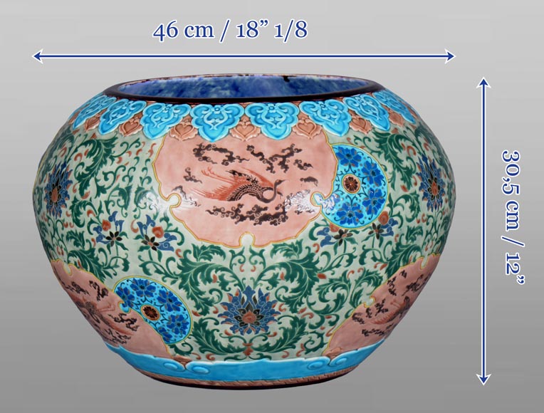 JULES VIEILLARD & COMPAGNIE, large Japanese-style cachepot in Bordeaux earthenware with polychrome enamel decoration-5