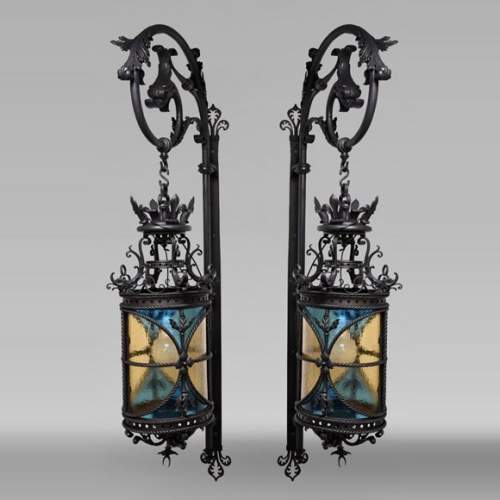 Pair of neo-Gothic lanterns with fleur-de-lis and dolphins, circa 1895