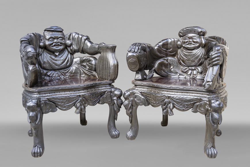 Pair of Japanese Carved Armchairs – Ebisu and Daikoku-0