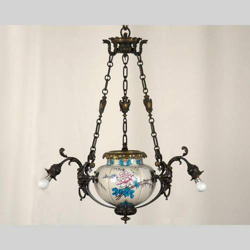 JULES VIEILLARD AND CO (Attributed to) : Chandelier with suspended earthenware center