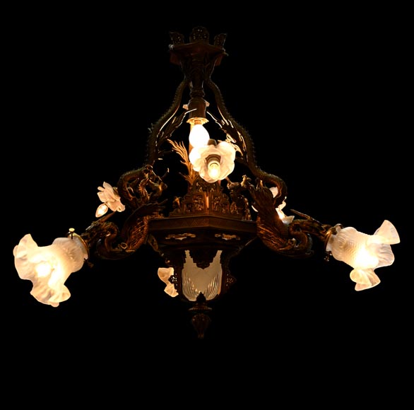 Maison Mottheau et Fils, Japonist gilt-bronze chandelier Maison Mottheau et Fils, Japonist gilt-bronze chandelier-2