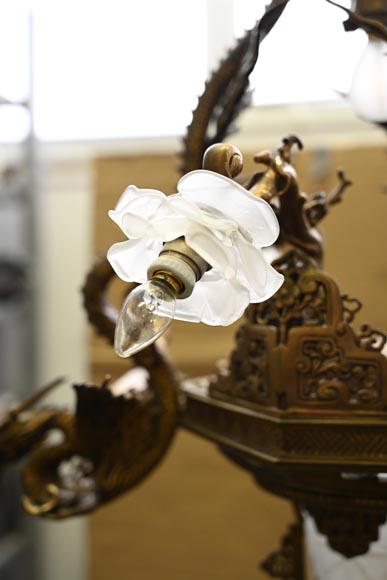 Maison Mottheau et Fils, Japonist gilt-bronze chandelier Maison Mottheau et Fils, Japonist gilt-bronze chandelier-3