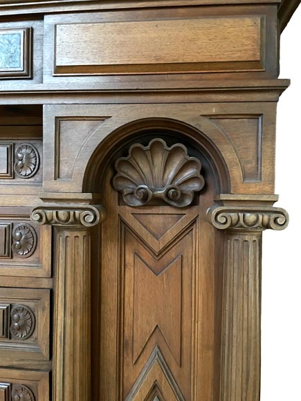 Neo-Renaissance ceremonial cabinet, Napoléon III period, carved walnut with sea-green marble inserts-8