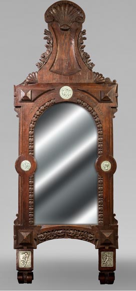 DECK Théodore (1823-1891), monumental oak mirror with green glazed faience medallions-0