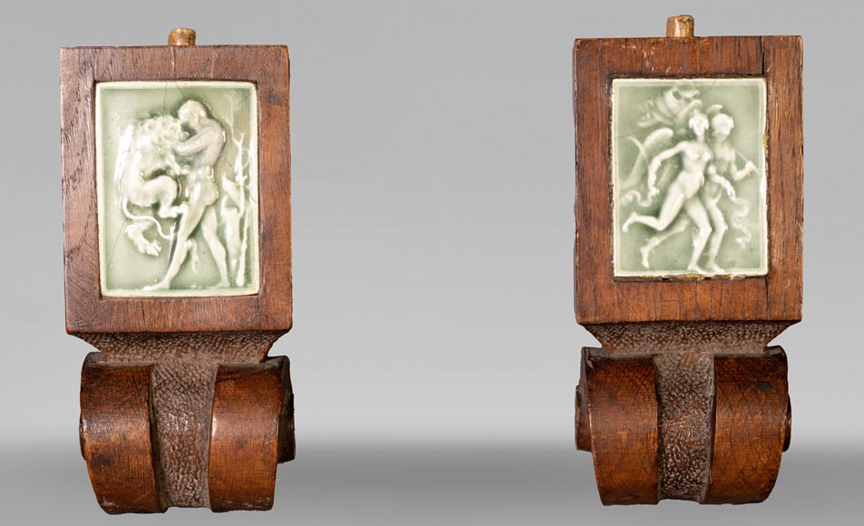 DECK Théodore (1823-1891), monumental oak mirror with green glazed faience medallions-1