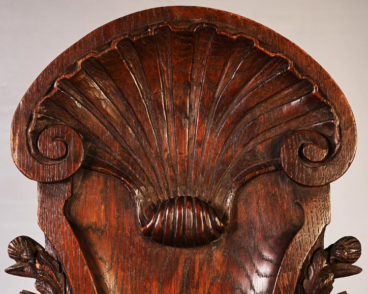 DECK Théodore (1823-1891), monumental oak mirror with green glazed faience medallions-3