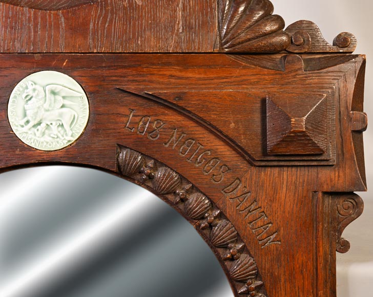 DECK Théodore (1823-1891), monumental oak mirror with green glazed faience medallions-4