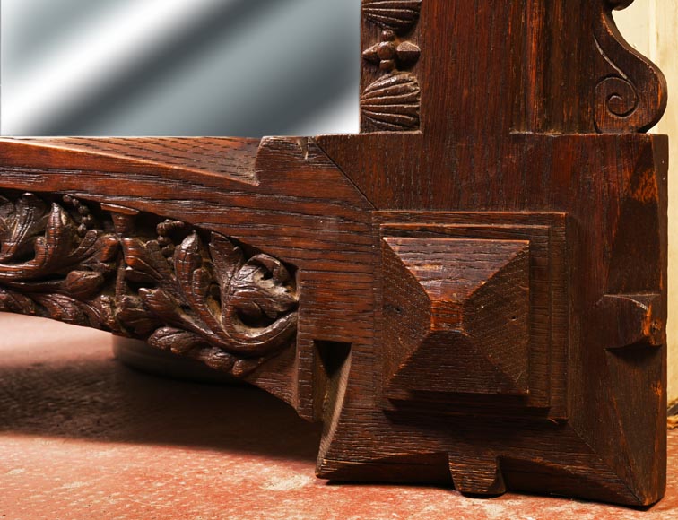 DECK Théodore (1823-1891), monumental oak mirror with green glazed faience medallions-5