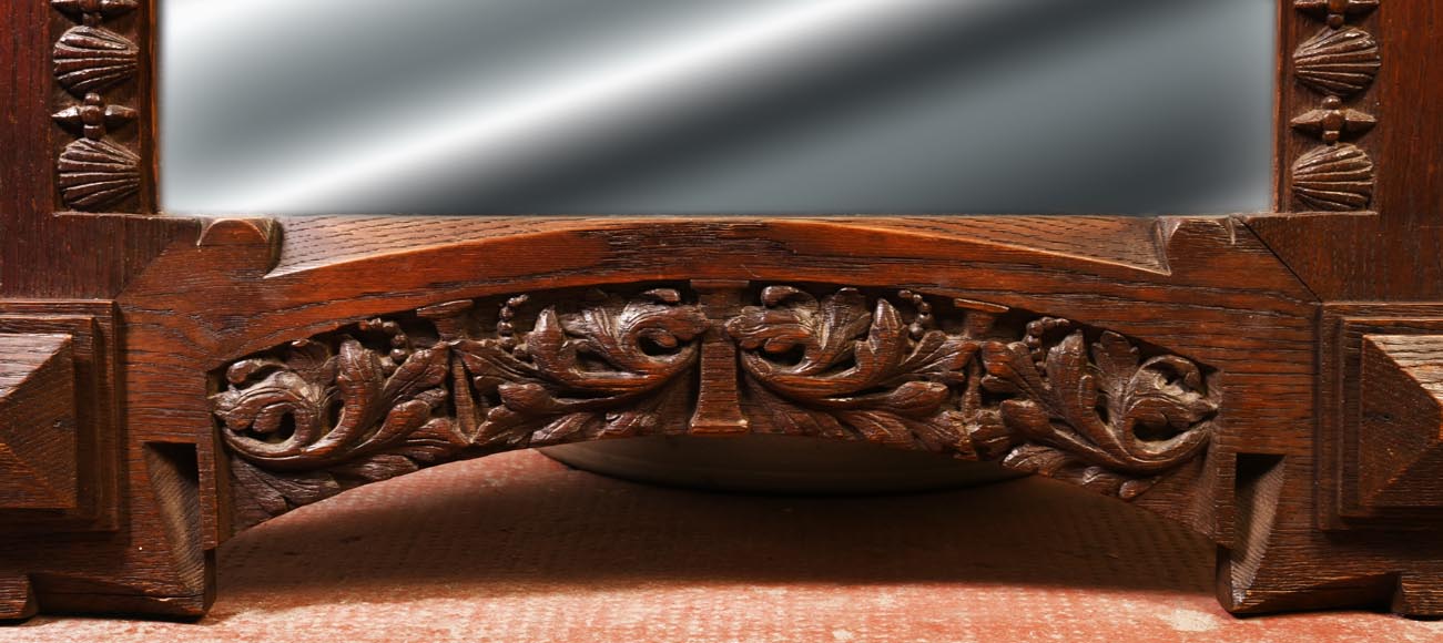 DECK Théodore (1823-1891), monumental oak mirror with green glazed faience medallions-6