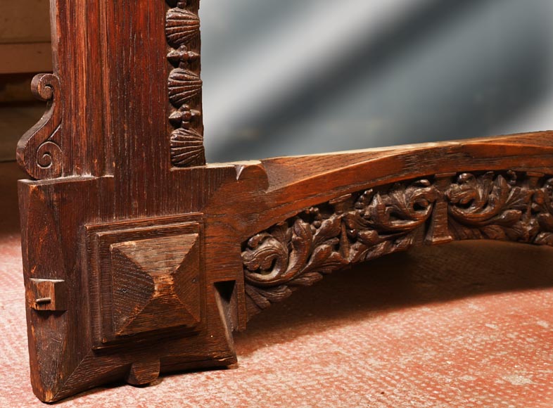 DECK Théodore (1823-1891), monumental oak mirror with green glazed faience medallions-7