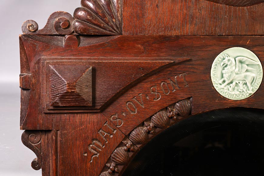DECK Théodore (1823-1891), monumental oak mirror with green glazed faience medallions-8