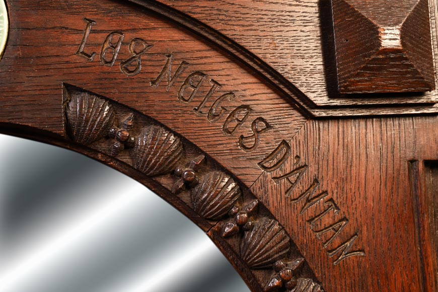 DECK Théodore (1823-1891), monumental oak mirror with green glazed faience medallions-9