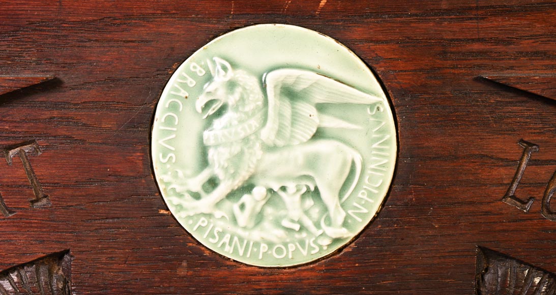 DECK Théodore (1823-1891), monumental oak mirror with green glazed faience medallions-11