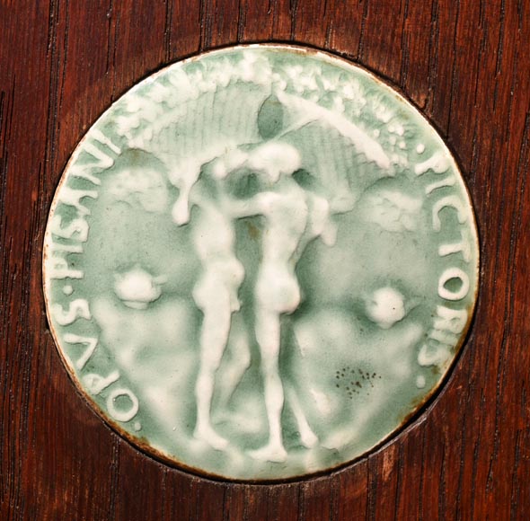 DECK Théodore (1823-1891), monumental oak mirror with green glazed faience medallions-13