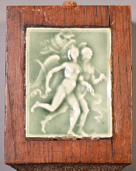 DECK Théodore (1823-1891), monumental oak mirror with green glazed faience medallions-15