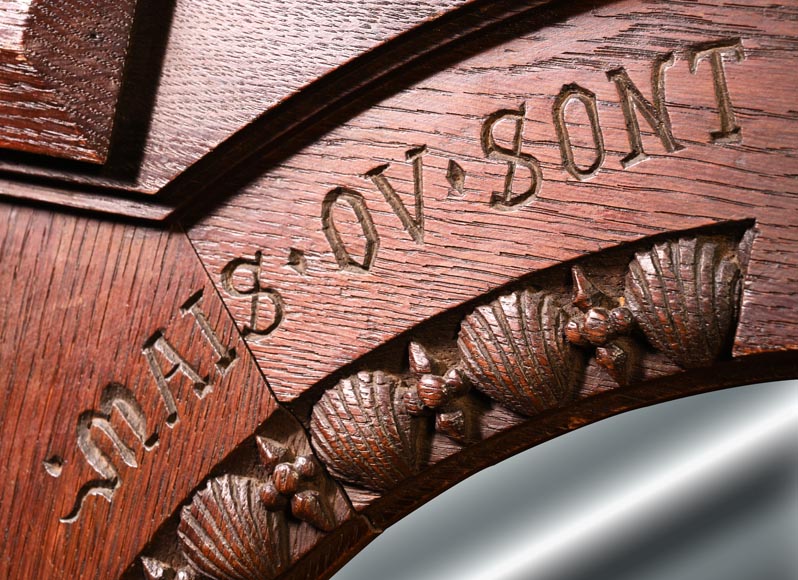 DECK Théodore (1823-1891), monumental oak mirror with green glazed faience medallions-16