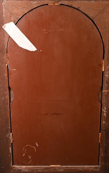 DECK Théodore (1823-1891), monumental oak mirror with green glazed faience medallions-18