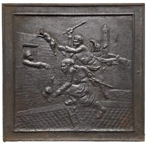 Fireback from the 19th century representing a chase scene of a cat probably taken from a tale