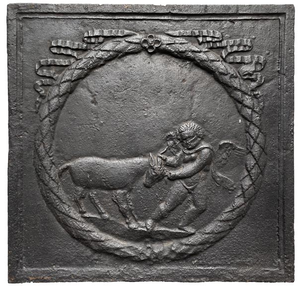 Fireback from the XVIIIth century showing a lover having fun with a goat-0
