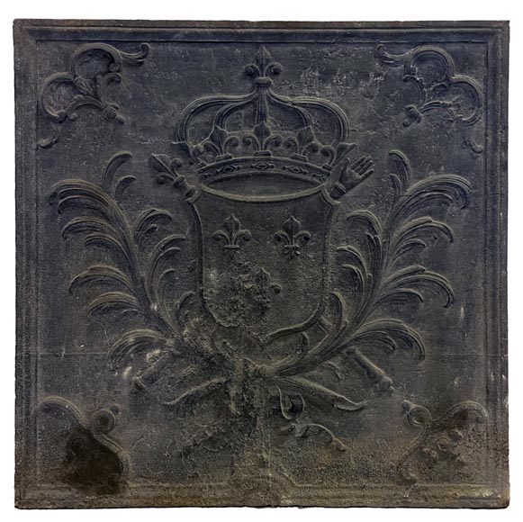 Square fireback with fleurs-de-lys and monarchical emblems-0