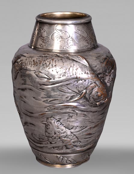 Ernest CARRIÈRE for CHRISTOFLE – Japonist Ovoid Vase “Seaweed and Fish” in Silvered Metal-0