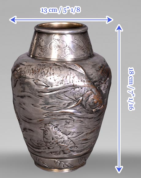 Ernest CARRIÈRE for CHRISTOFLE – Japonist Ovoid Vase “Seaweed and Fish” in Silvered Metal-9