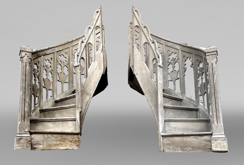 Pair of Neo-Gothic Church Pulpit Staircases in Carved Oak-0