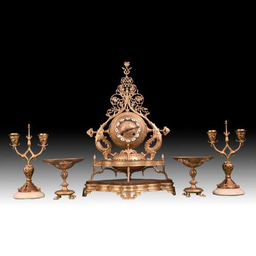 Victor GEOFFROY-DECHAUME (model), Auguste-Maximilien DELAFONTAINE (bronze caster), “Persian” Gilt Bronze Clock Set, circa 1852