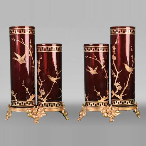 BACCARAT, Pair of Double Vases with Japanese-Style Decoration, circa 1880