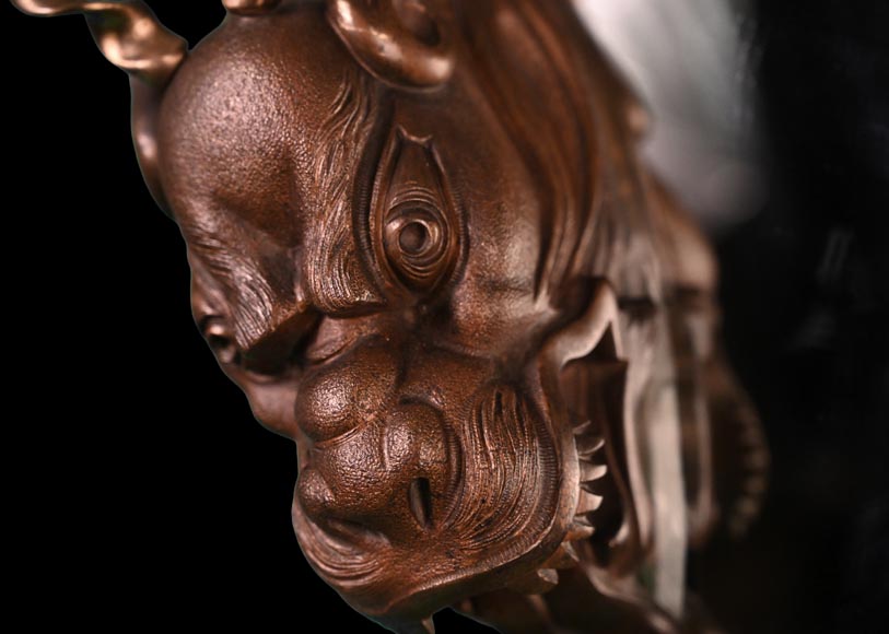 MARNYHAC House (attributed), Japanese-style crescent moon mirror decorated with a bronze dragon with a brown patina-2