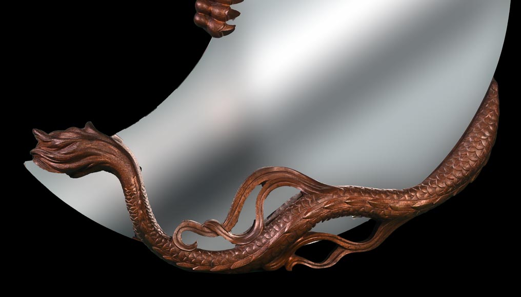 MARNYHAC House (attributed), Japanese-style crescent moon mirror decorated with a bronze dragon with a brown patina-5
