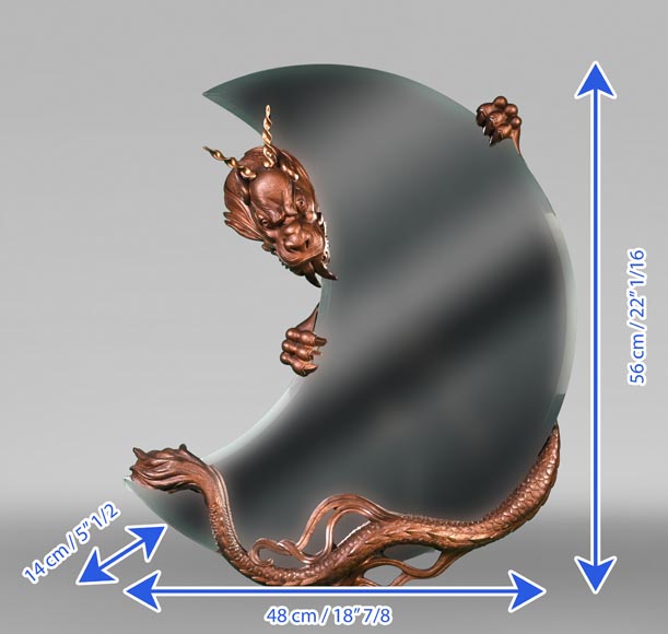 MARNYHAC House (attributed), Japanese-style crescent moon mirror decorated with a bronze dragon with a brown patina-8